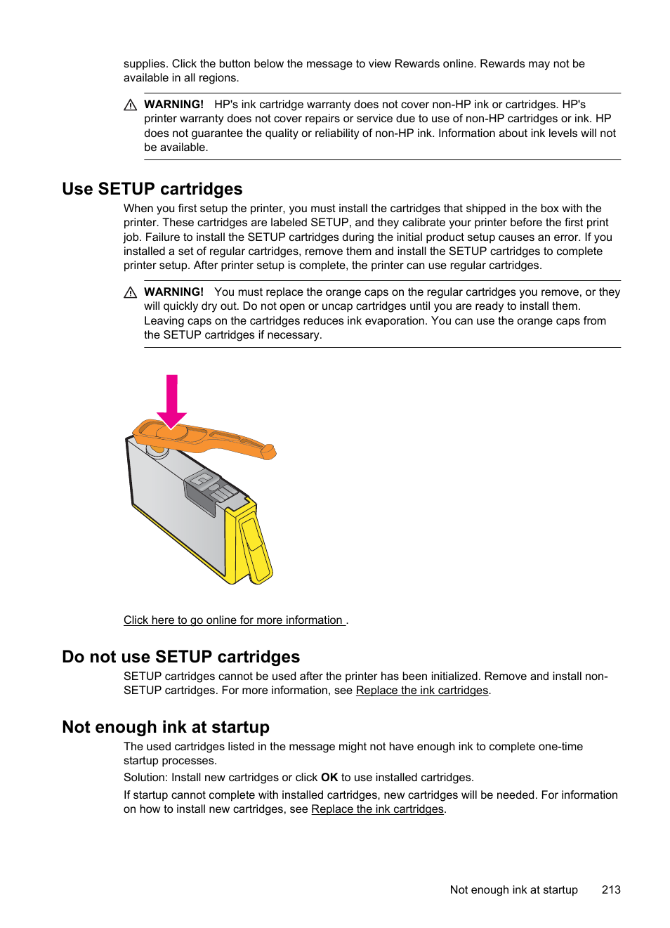 Use setup cartridges, Do not use setup cartridges, Not enough ink at startup | HP 4620 User Manual | Page 217 / 228