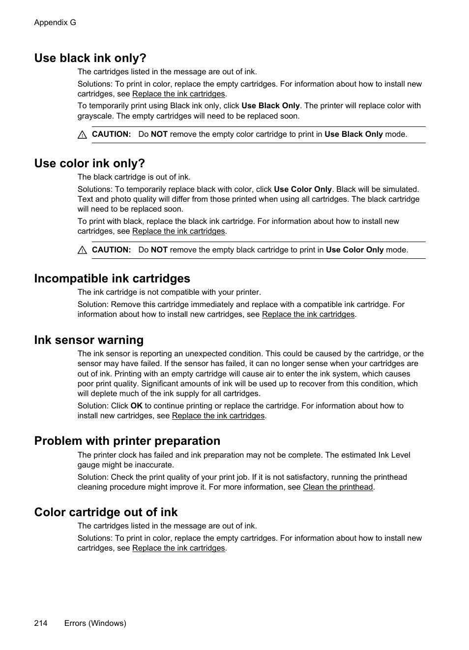 Use black ink only, Use color ink only, Incompatible ink cartridges | Ink sensor warning, Problem with printer preparation, Color cartridge out of ink | HP 4620 User Manual | Page 218 / 228