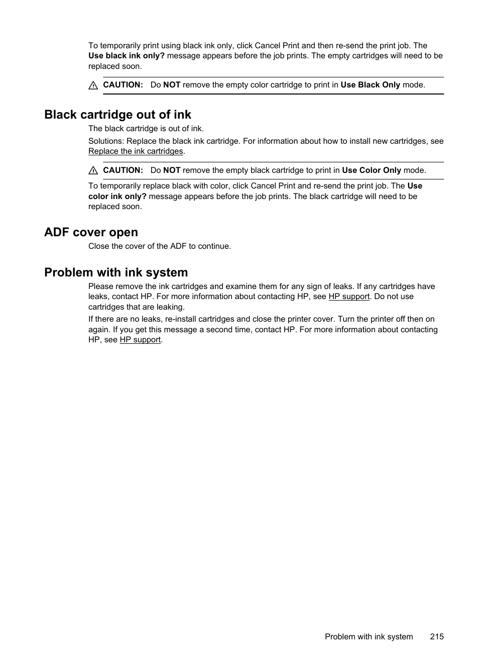 Black cartridge out of ink, Adf cover open, Problem with ink system | HP 4620 User Manual | Page 219 / 228