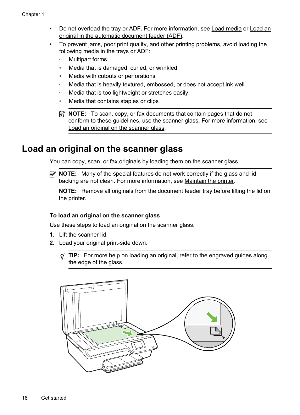 Load an original on the scanner glass | HP 4620 User Manual | Page 22 / 228