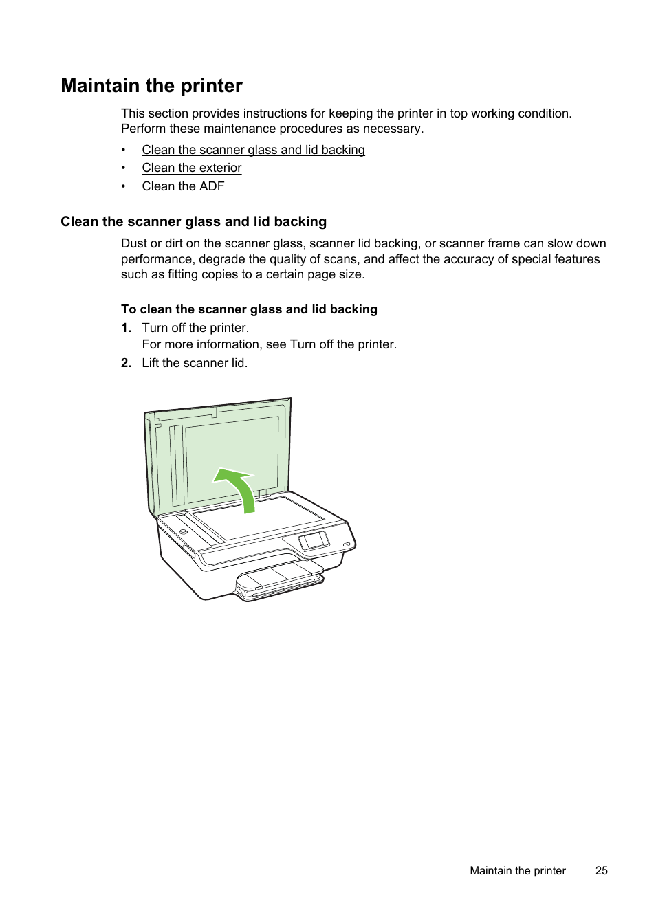 Maintain the printer, Clean the scanner glass and lid backing | HP 4620 User Manual | Page 29 / 228