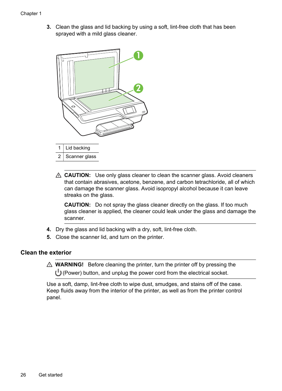 Clean the exterior | HP 4620 User Manual | Page 30 / 228