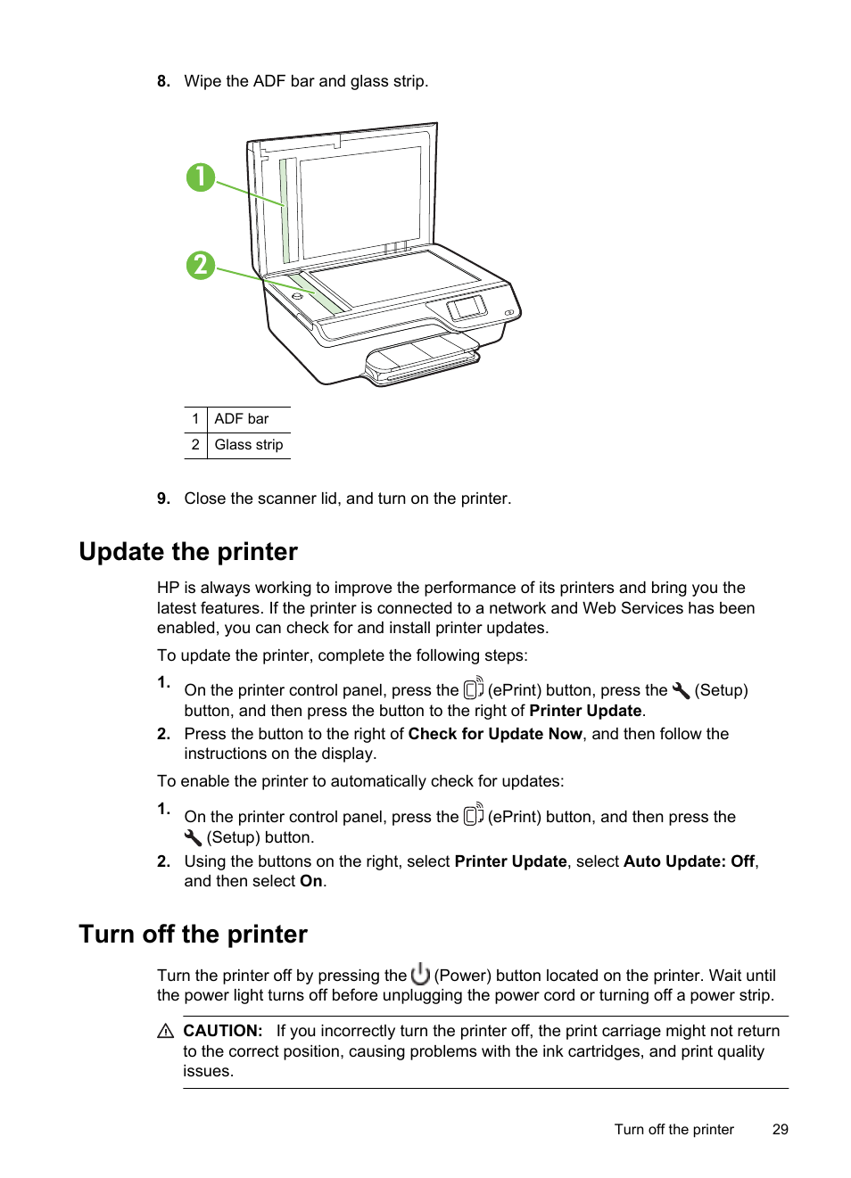 Update the printer, Turn off the printer, Update the printer turn off the printer | HP 4620 User Manual | Page 33 / 228