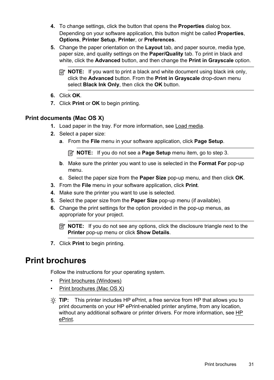 Print documents (mac os x), Print brochures | HP 4620 User Manual | Page 35 / 228