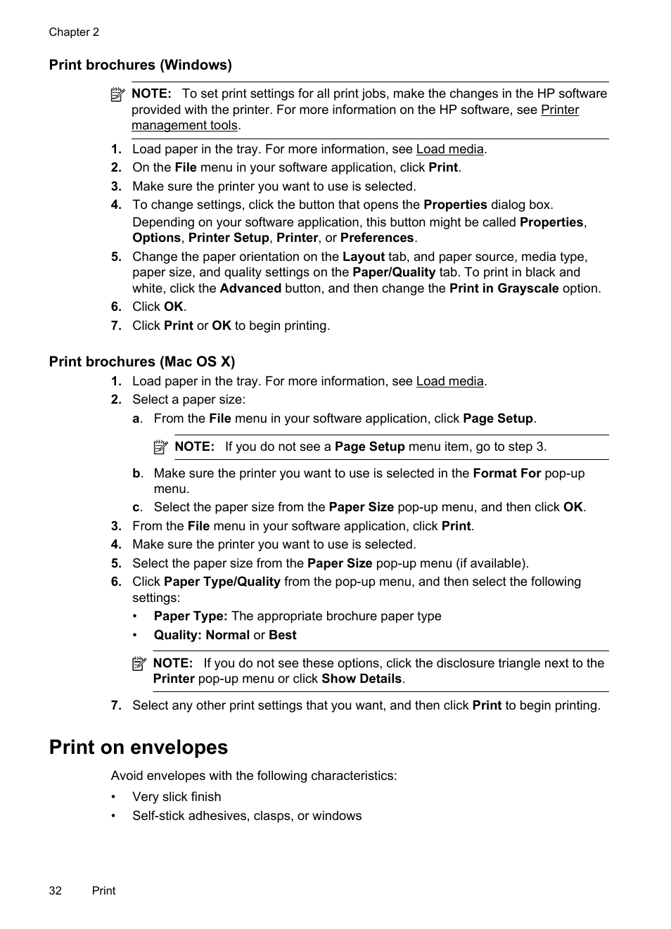 Print brochures (windows), Print brochures (mac os x), Print on envelopes | HP 4620 User Manual | Page 36 / 228