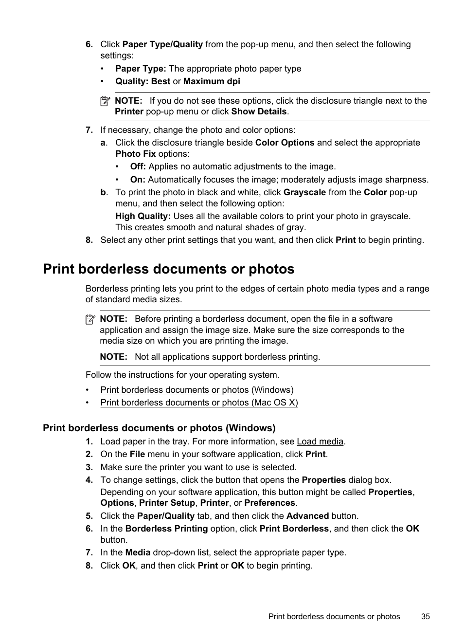 Print borderless documents or photos, Print borderless documents or photos (windows) | HP 4620 User Manual | Page 39 / 228