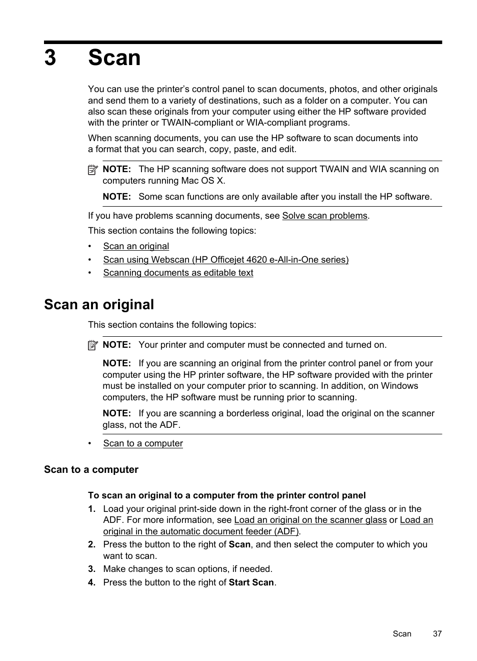 Scan, Scan an original, Scan to a computer | 3 scan, E scan, 3scan | HP 4620 User Manual | Page 41 / 228