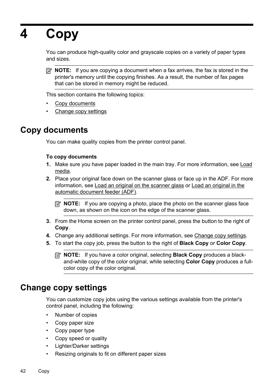 Copy, Copy documents, Change copy settings | 4 copy, Copy documents change copy settings, 4copy | HP 4620 User Manual | Page 46 / 228