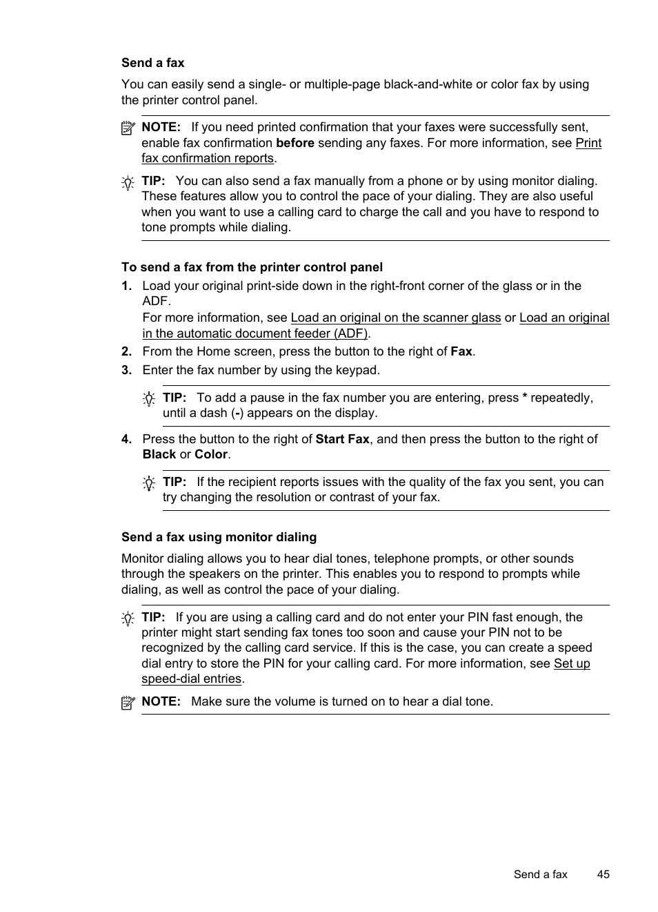 Send a fax, Send a fax using monitor dialing | HP 4620 User Manual | Page 49 / 228