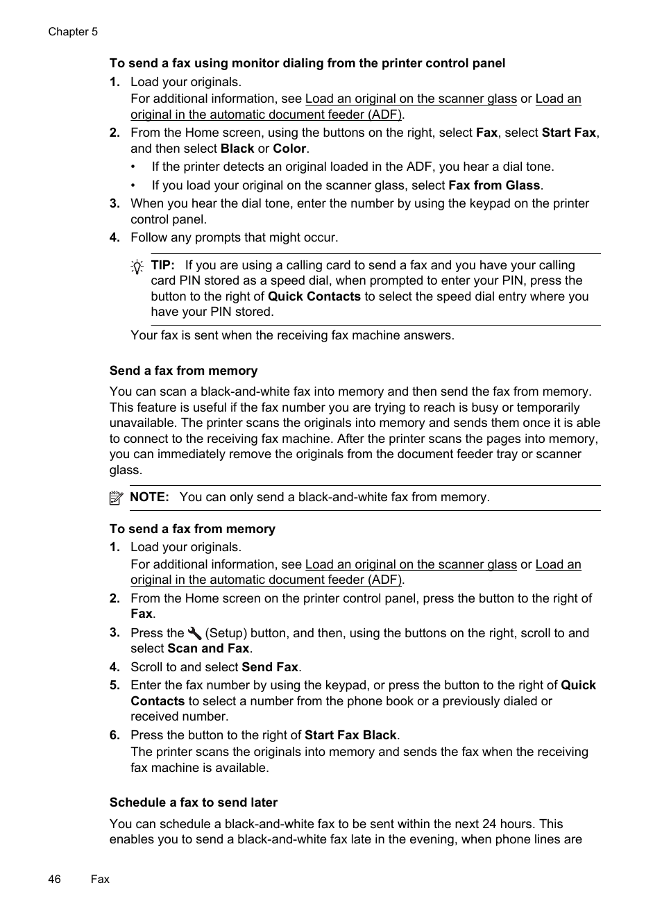 Send a fax from memory, Schedule a fax to send later | HP 4620 User Manual | Page 50 / 228