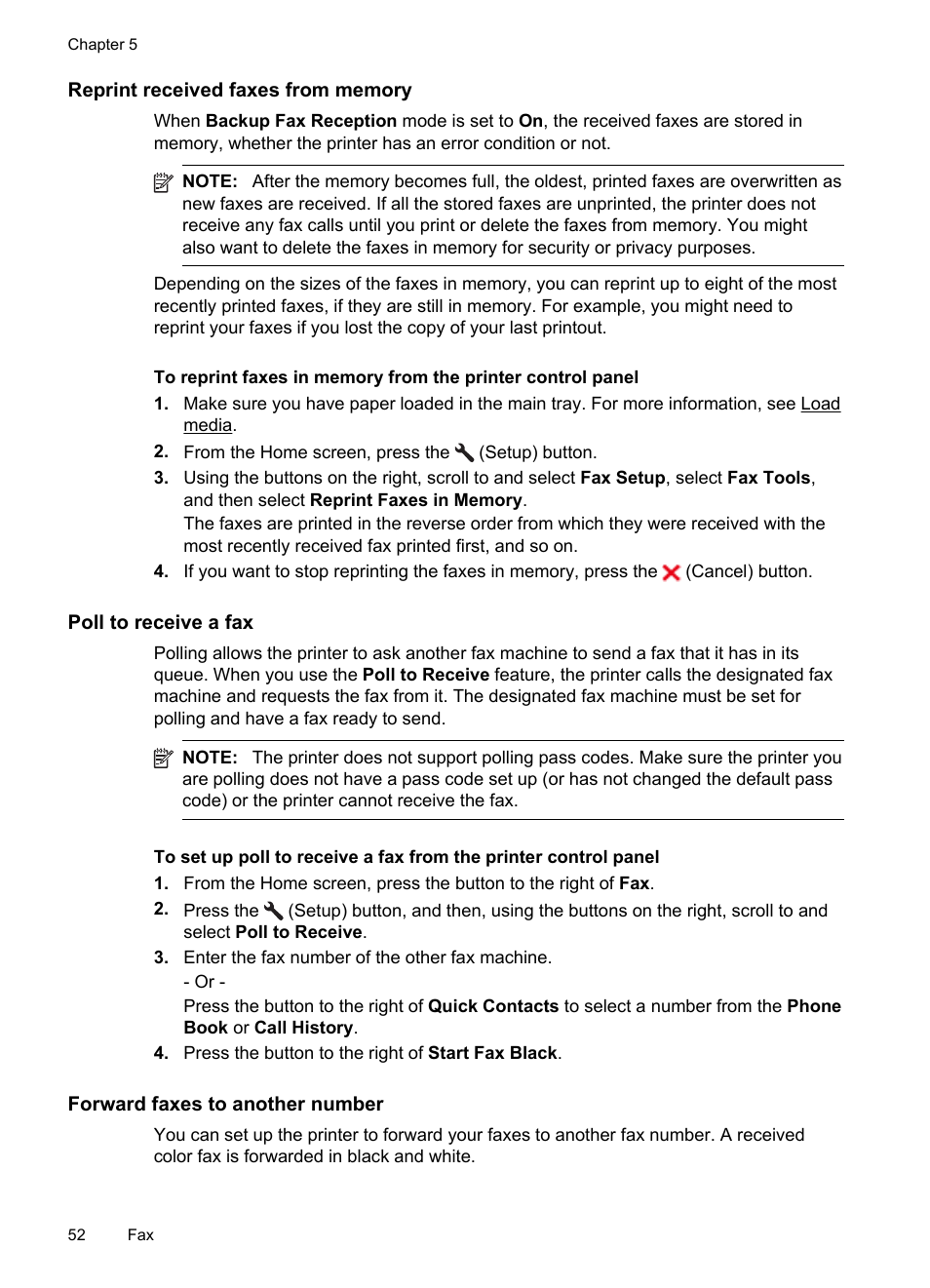 Reprint received faxes from memory, Poll to receive a fax, Forward faxes to another number | HP 4620 User Manual | Page 56 / 228