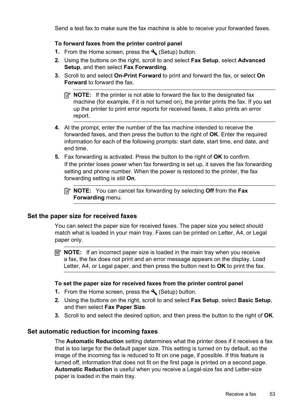 Set the paper size for received faxes, Set automatic reduction for incoming faxes | HP 4620 User Manual | Page 57 / 228