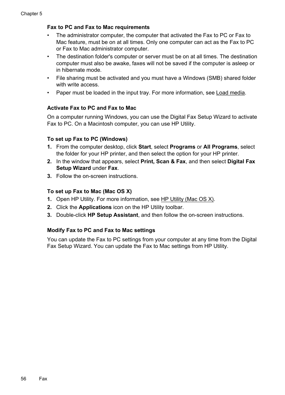 Fax to pc and fax to mac requirements, Activate fax to pc and fax to mac, Modify fax to pc and fax to mac settings | HP 4620 User Manual | Page 60 / 228