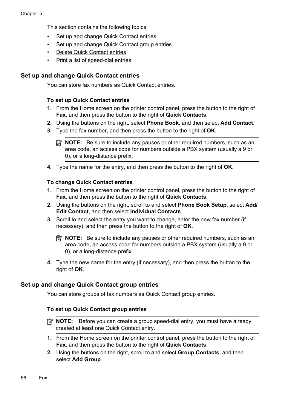 Set up and change quick contact entries, Set up and change quick contact group entries | HP 4620 User Manual | Page 62 / 228