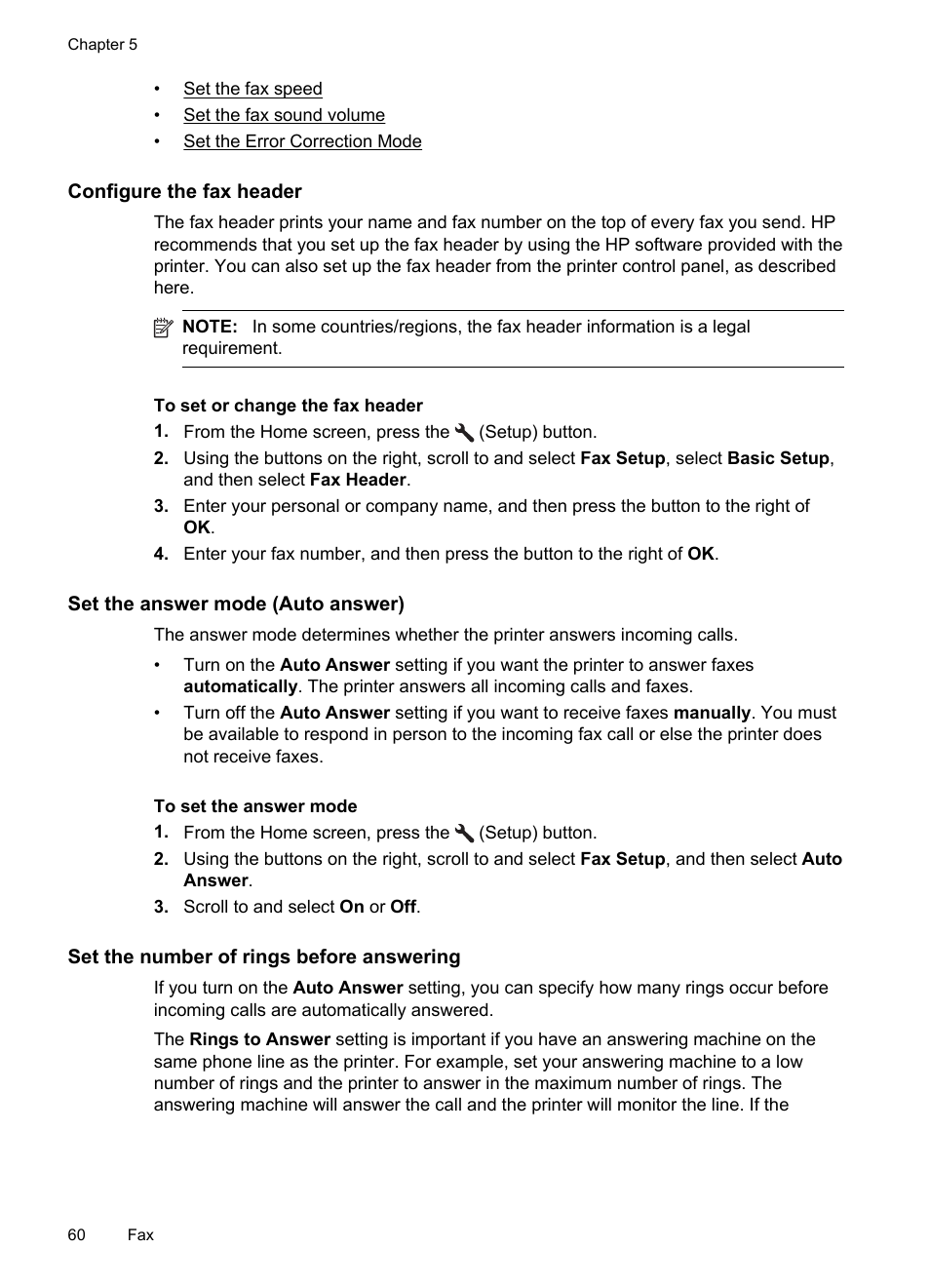 Configure the fax header, Set the answer mode (auto answer), Set the number of rings before answering | HP 4620 User Manual | Page 64 / 228