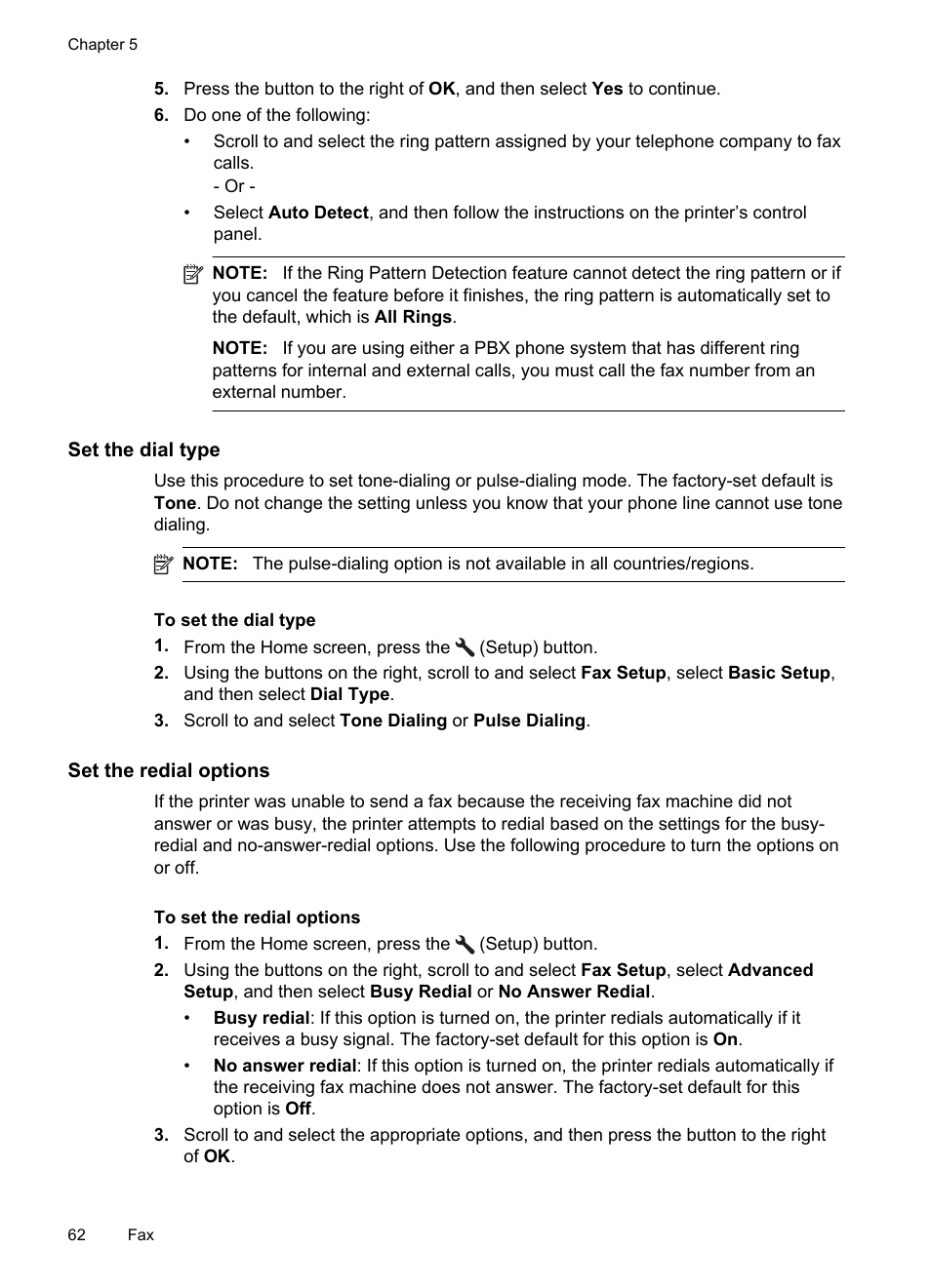 Set the dial type, Set the redial options | HP 4620 User Manual | Page 66 / 228