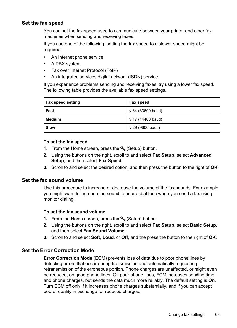 Set the fax speed, Set the fax sound volume, Set the error correction mode | HP 4620 User Manual | Page 67 / 228