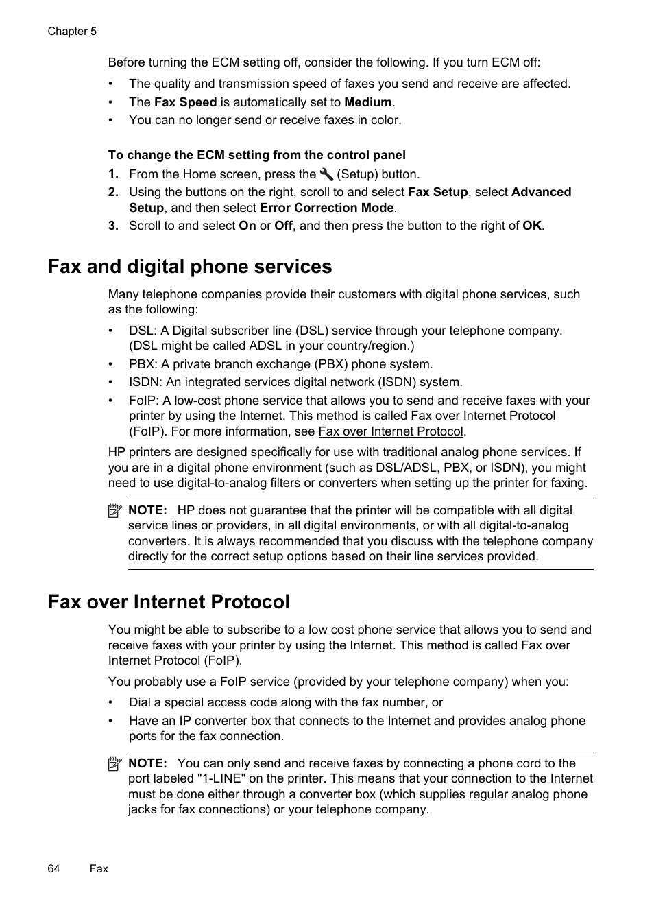 Fax and digital phone services, Fax over internet protocol | HP 4620 User Manual | Page 68 / 228