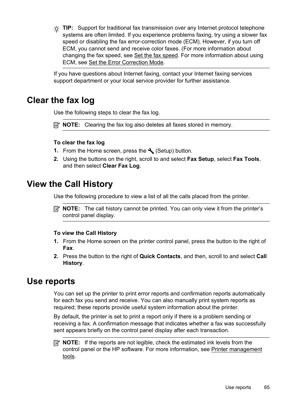 Clear the fax log, View the call history, Use reports | HP 4620 User Manual | Page 69 / 228