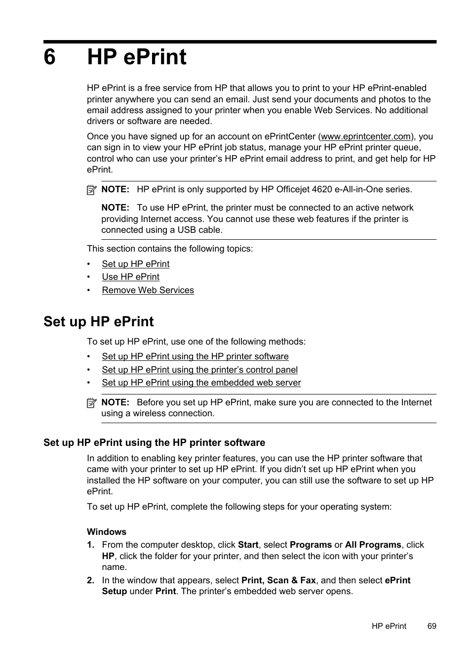 Hp eprint, Set up hp eprint, Set up hp eprint using the hp printer software | 6 hp eprint, See hp eprint, 6hp eprint | HP 4620 User Manual | Page 73 / 228