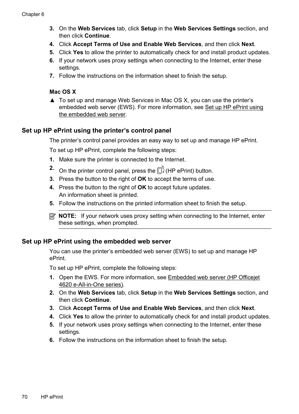 Set up hp eprint using the printer’s control panel, Set up hp eprint using the embedded web server | HP 4620 User Manual | Page 74 / 228