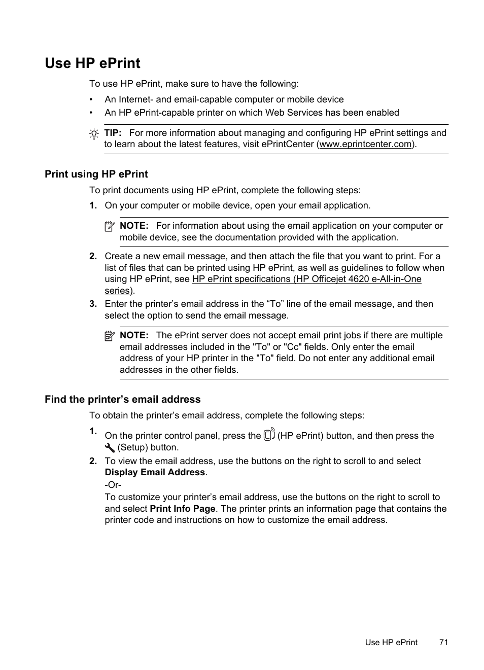 Use hp eprint, Print using hp eprint, Find the printer’s email address | HP 4620 User Manual | Page 75 / 228