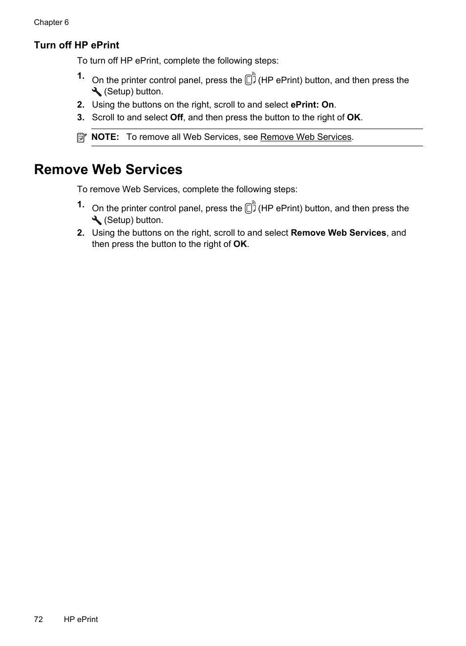 Turn off hp eprint, Remove web services | HP 4620 User Manual | Page 76 / 228