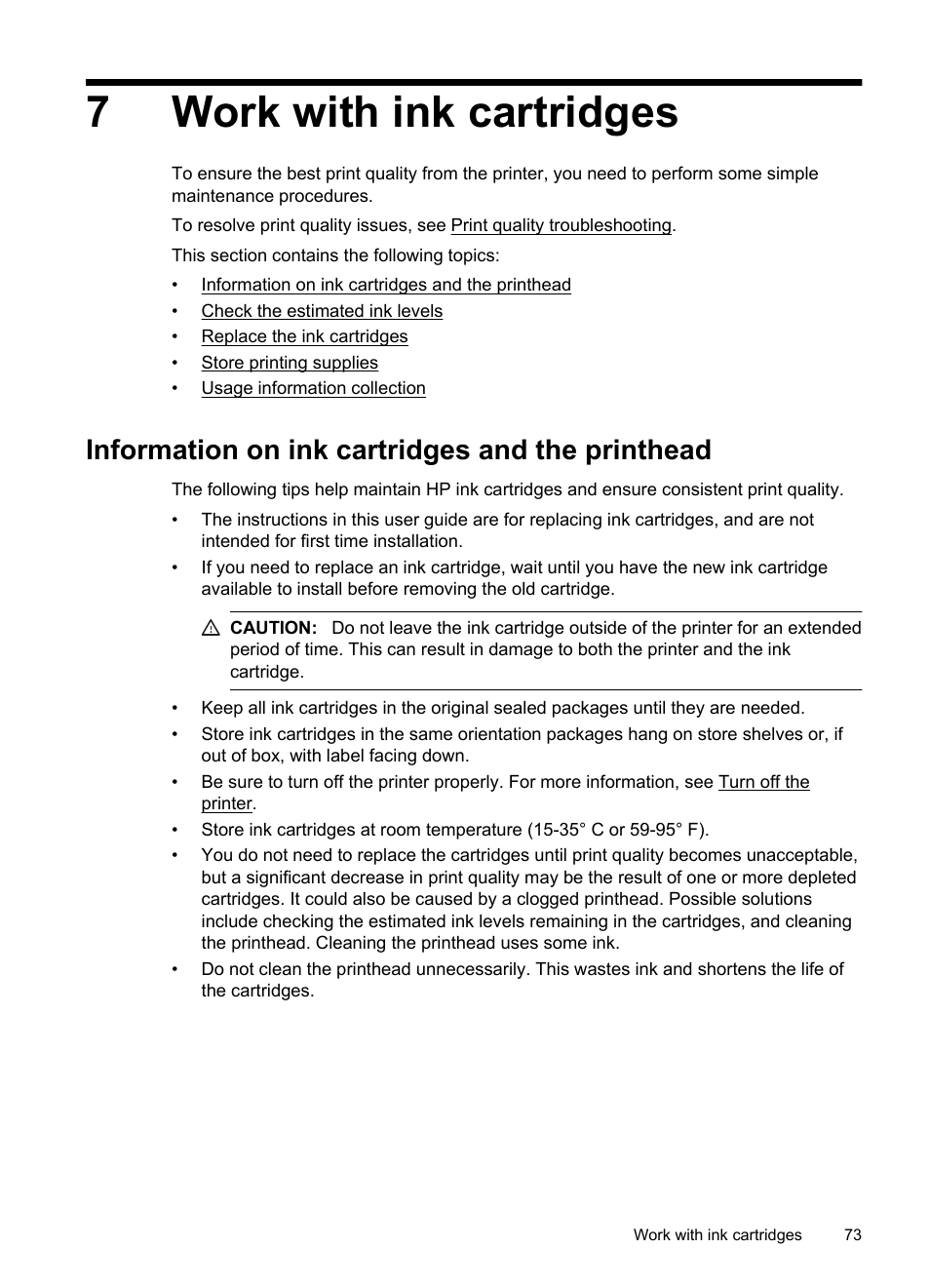 Work with ink cartridges, Information on ink cartridges and the printhead, 7 work with ink cartridges | See work with ink cartridges, 7work with ink cartridges | HP 4620 User Manual | Page 77 / 228