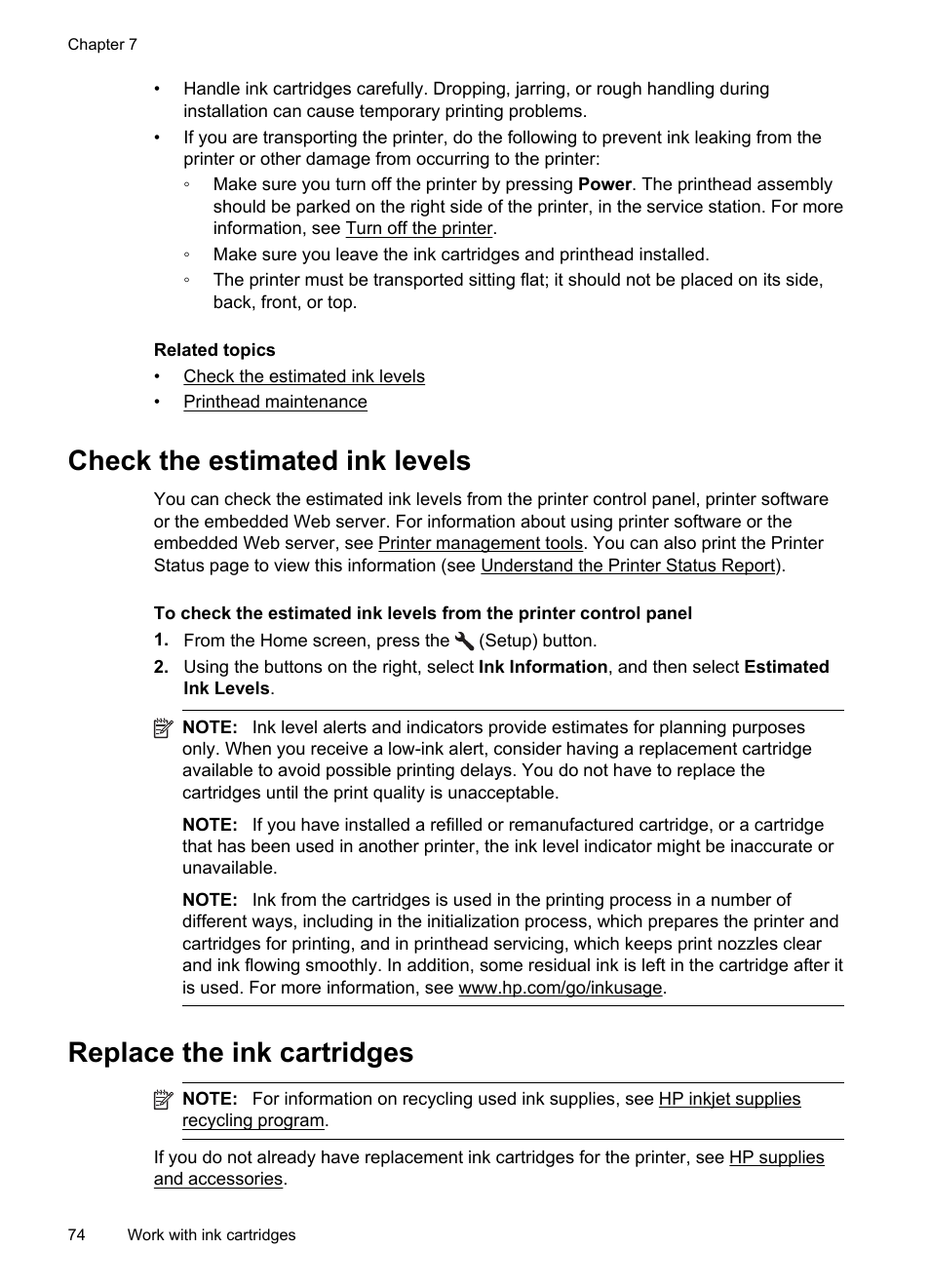 Check the estimated ink levels, Replace the ink cartridges | HP 4620 User Manual | Page 78 / 228