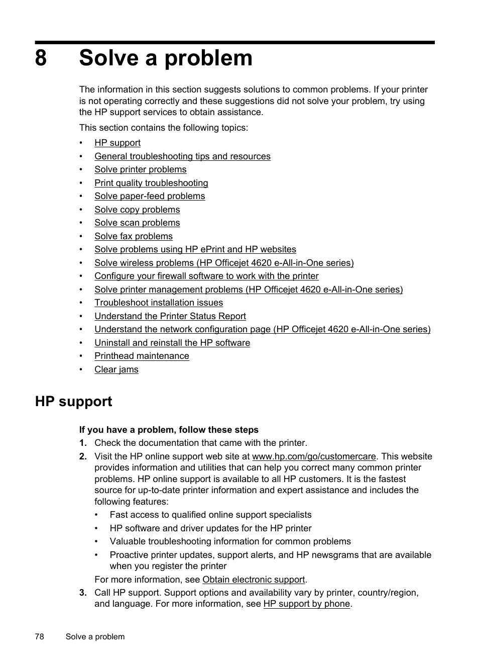 Solve a problem, Hp support, 8 solve a problem | Obtain electronic support hp support by phone, 8solve a problem | HP 4620 User Manual | Page 82 / 228