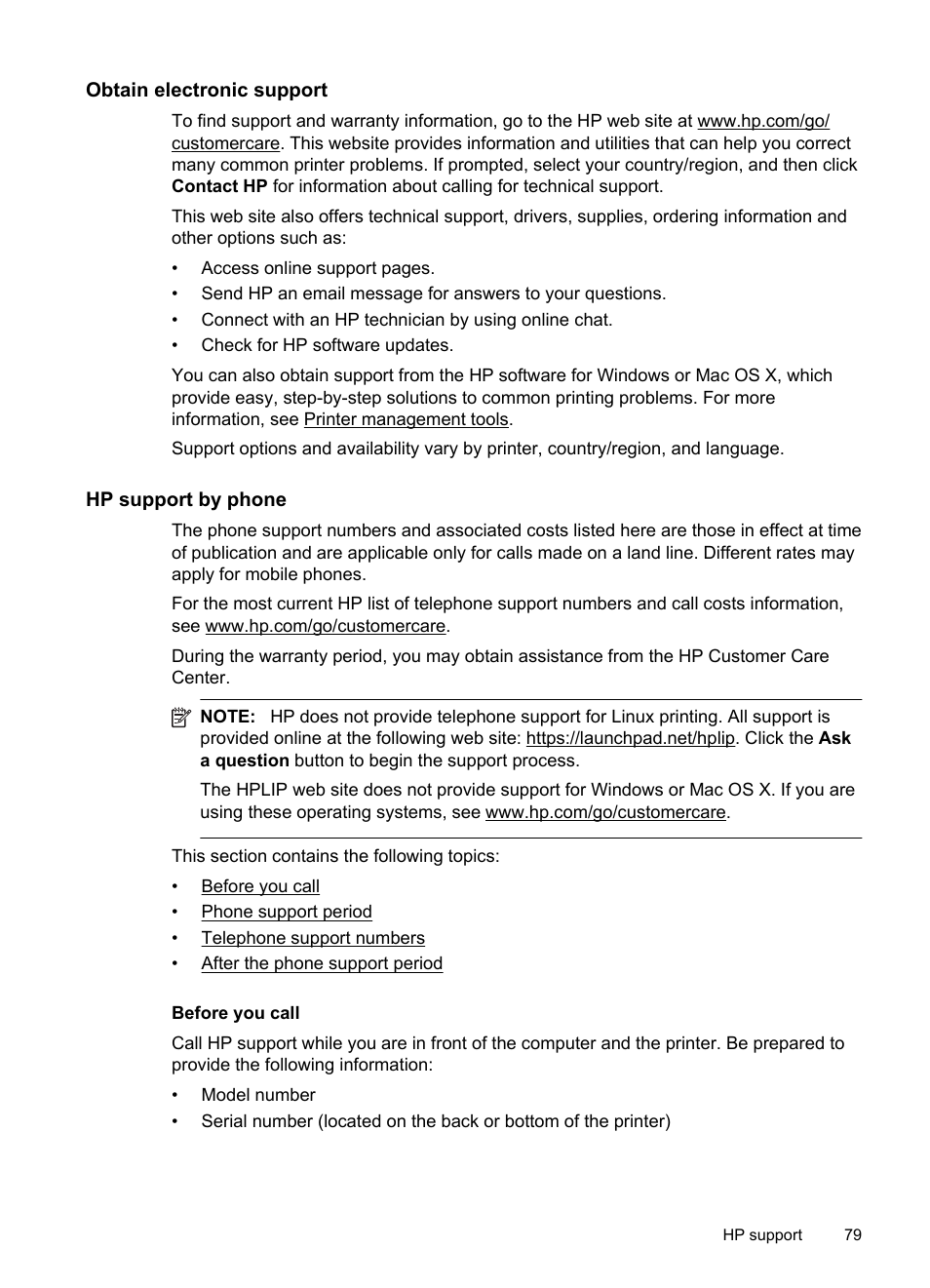 Obtain electronic support, Hp support by phone, Before you call | HP 4620 User Manual | Page 83 / 228