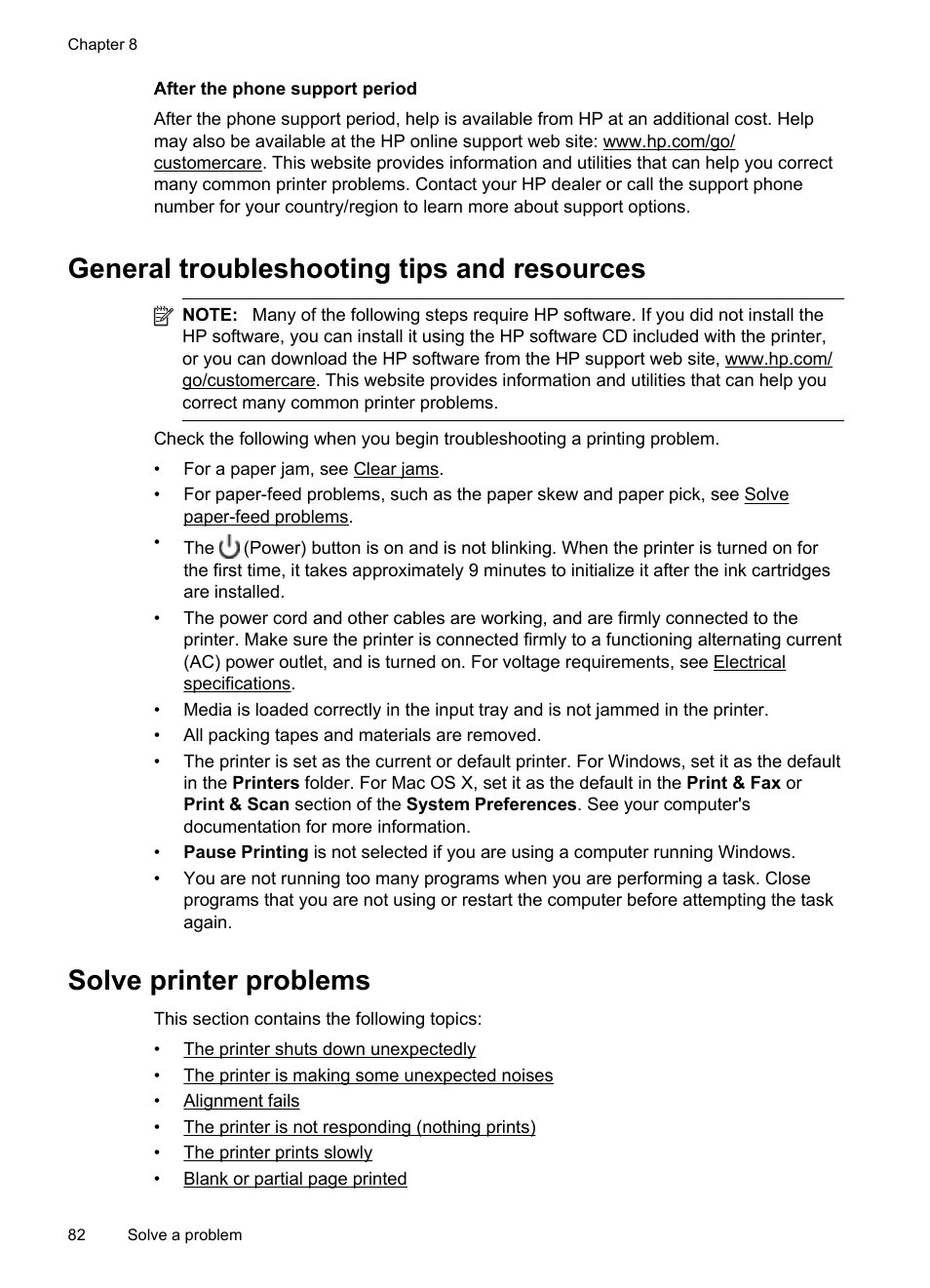 After the phone support period, General troubleshooting tips and resources, Solve printer problems | HP 4620 User Manual | Page 86 / 228