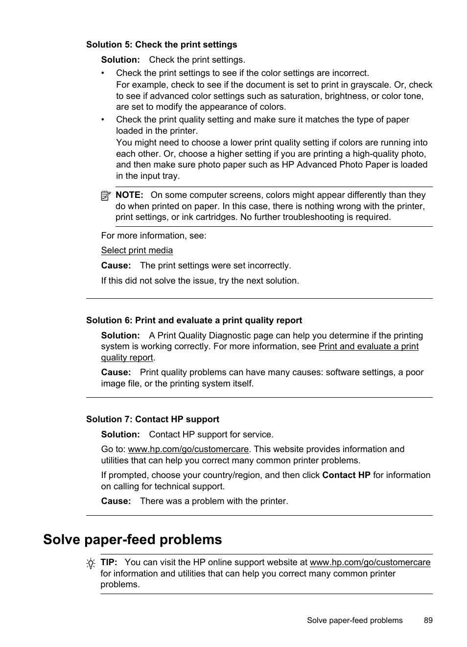 Solve paper-feed problems, Solution 5: check the print settings, Solution 7: contact hp support | HP 4620 User Manual | Page 93 / 228
