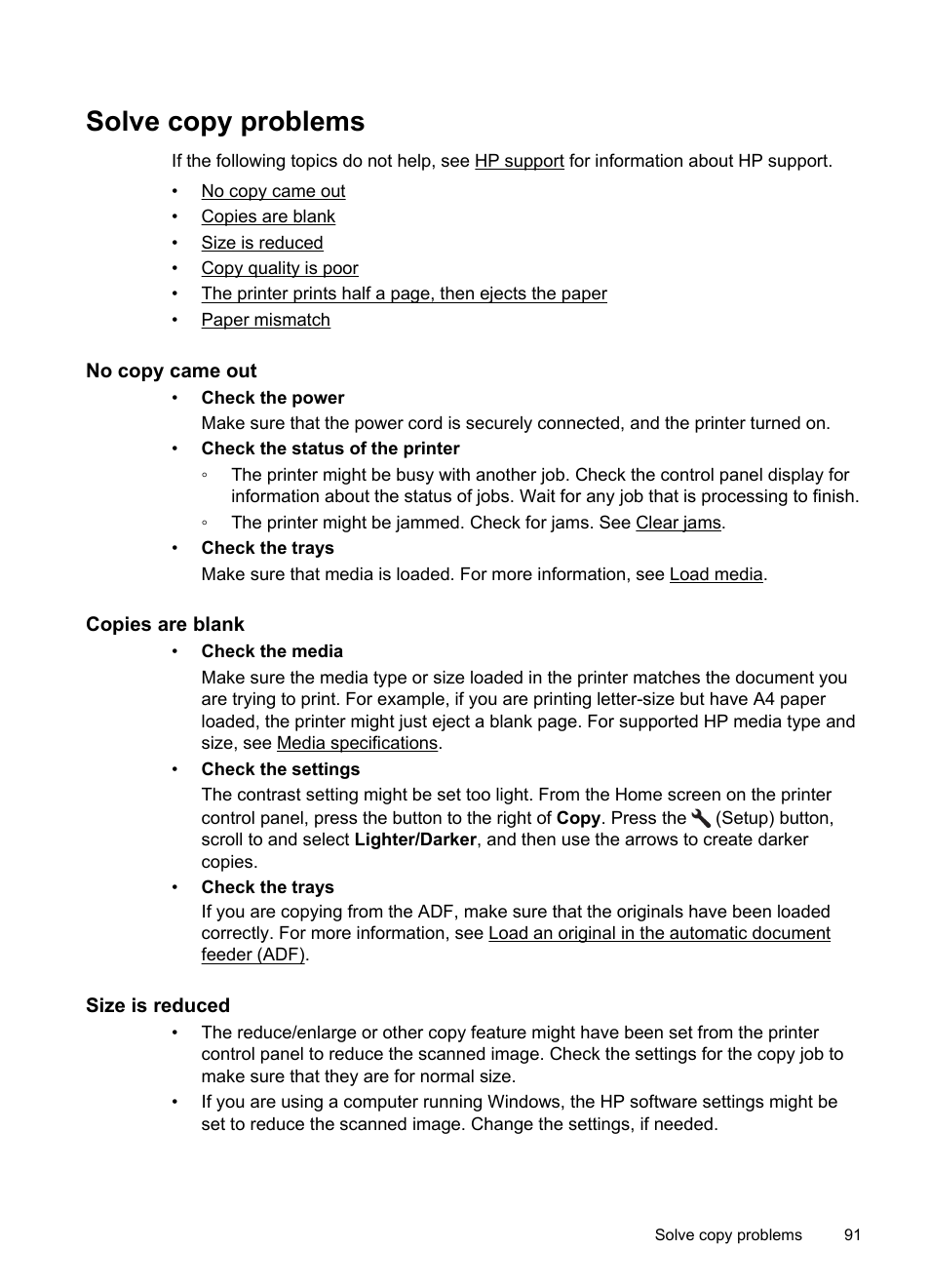 Solve copy problems, No copy came out, Copies are blank | Size is reduced | HP 4620 User Manual | Page 95 / 228