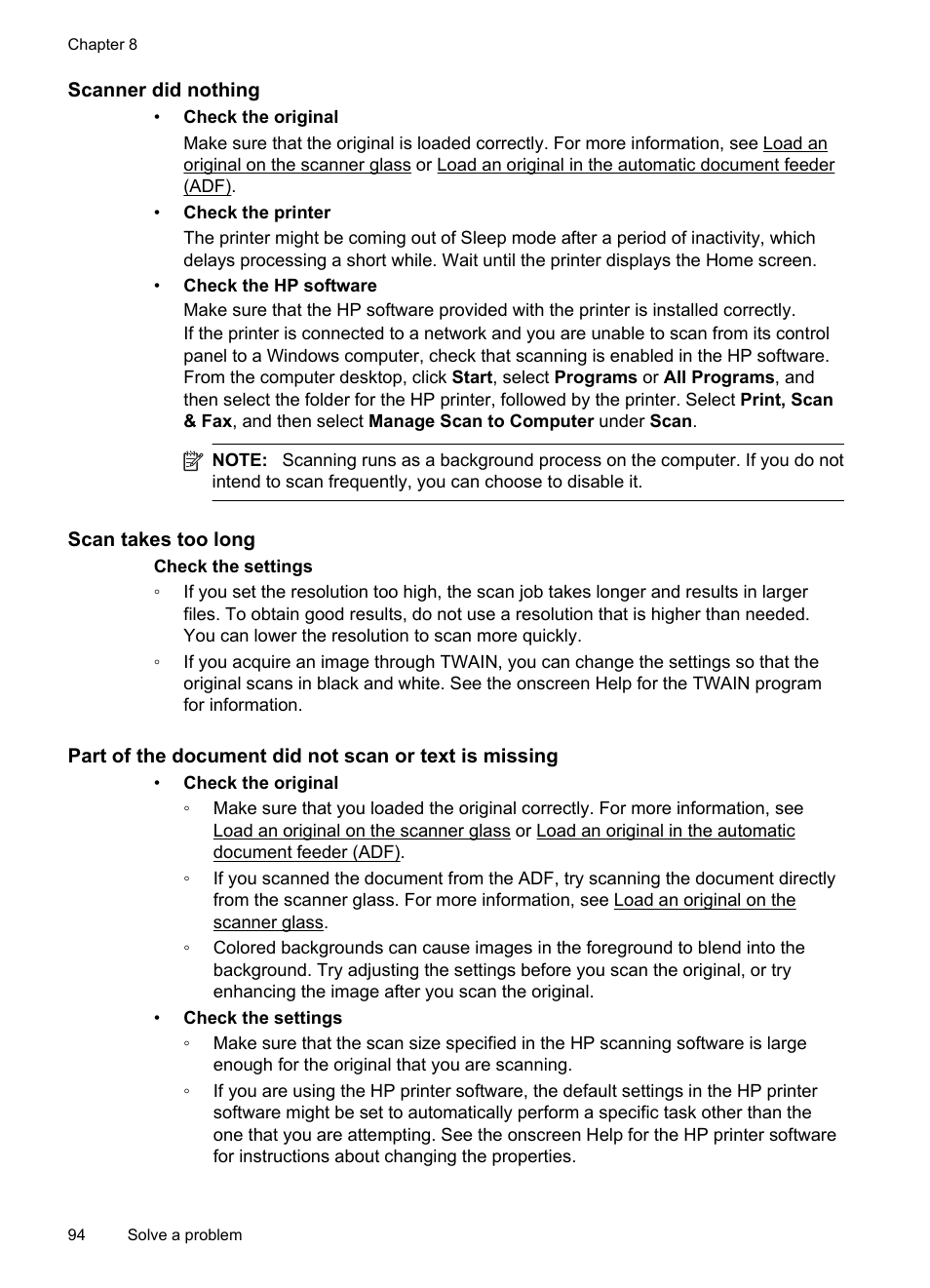 Scanner did nothing, Scan takes too long | HP 4620 User Manual | Page 98 / 228