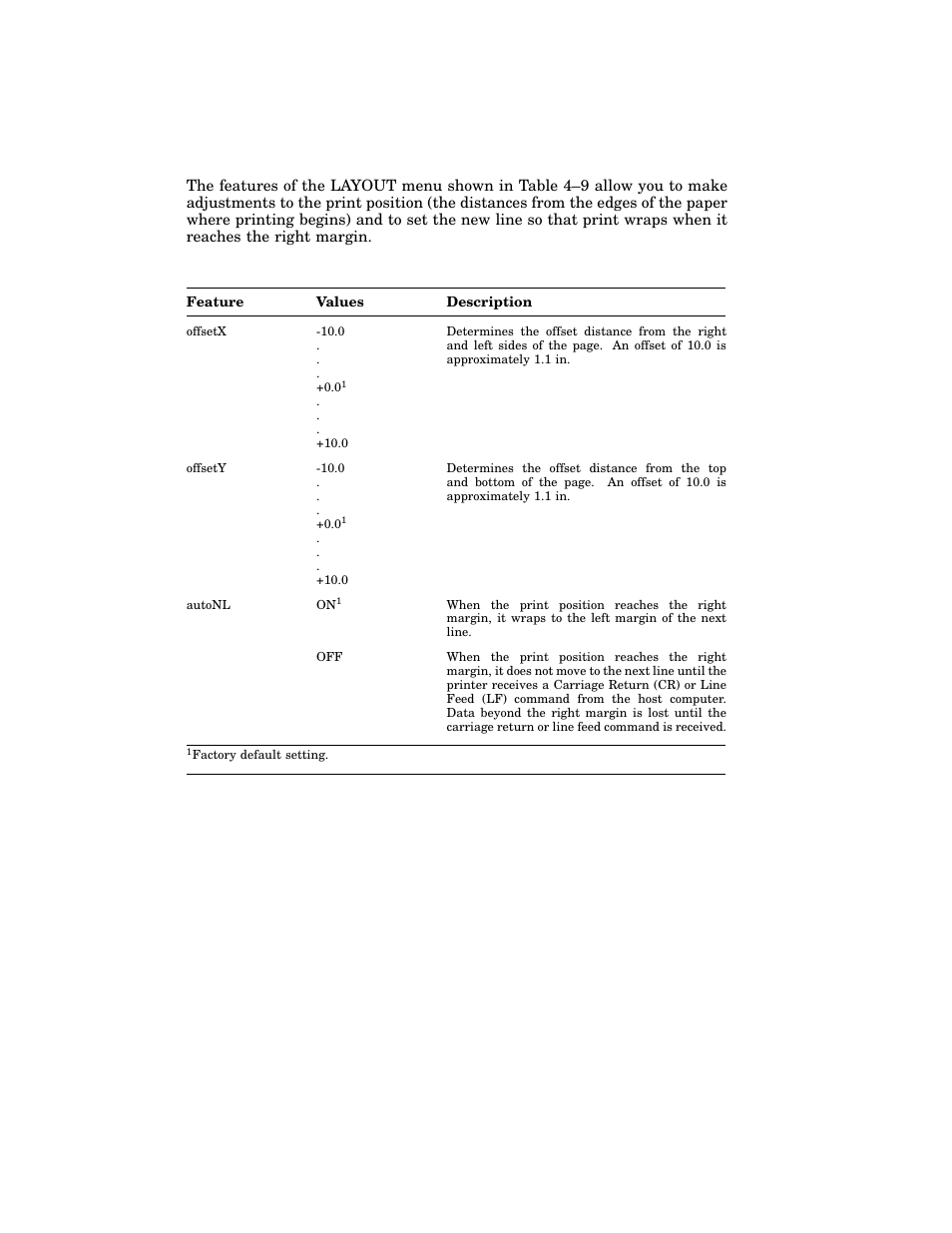 2 layout menu, Table 4–9: layout menu features and values | HP 220240 User Manual | Page 105 / 255