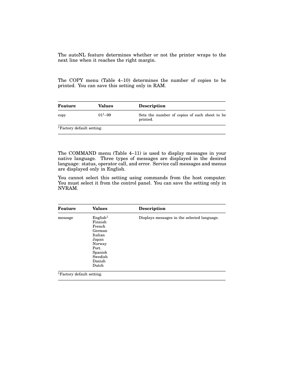 3 copy menu, 4 command menu, Table 4–10: copy menu features and values | Table 4–11: command menu features and values | HP 220240 User Manual | Page 108 / 255