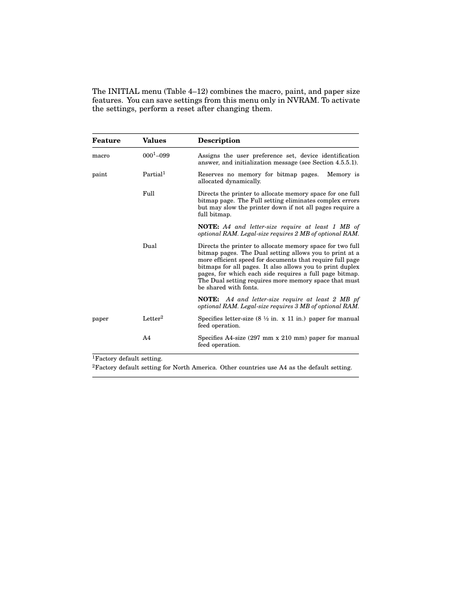 5 initial menu, Table 4–12: initial menu features and values | HP 220240 User Manual | Page 109 / 255