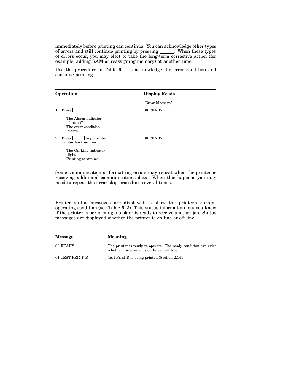 2 printer status messages, Table 6–1: error skip procedure, Table 6–2: printer status messages | HP 220240 User Manual | Page 130 / 255