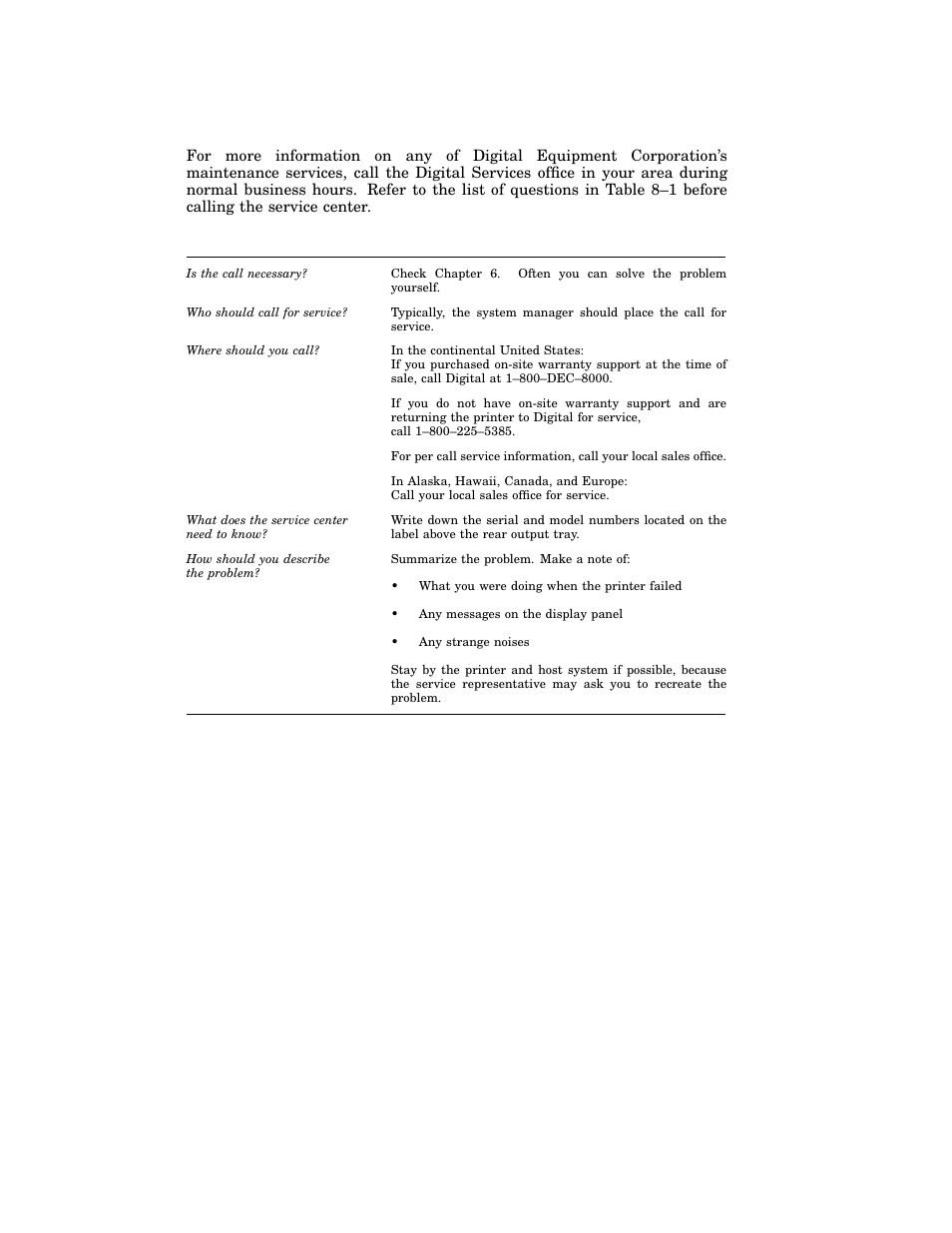 Table 8–1: questions to consider before you call | HP 220240 User Manual | Page 201 / 255