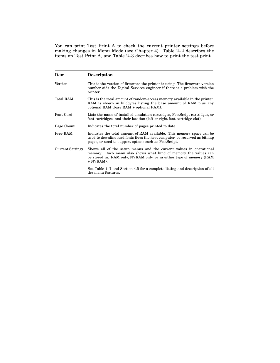 Table 2–2: test print a | HP 220240 User Manual | Page 69 / 255