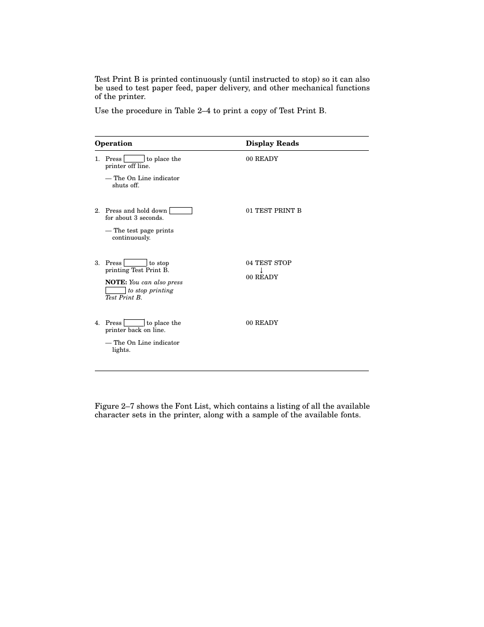 15 printing the font list, Table 2–4: printing test print b | HP 220240 User Manual | Page 73 / 255