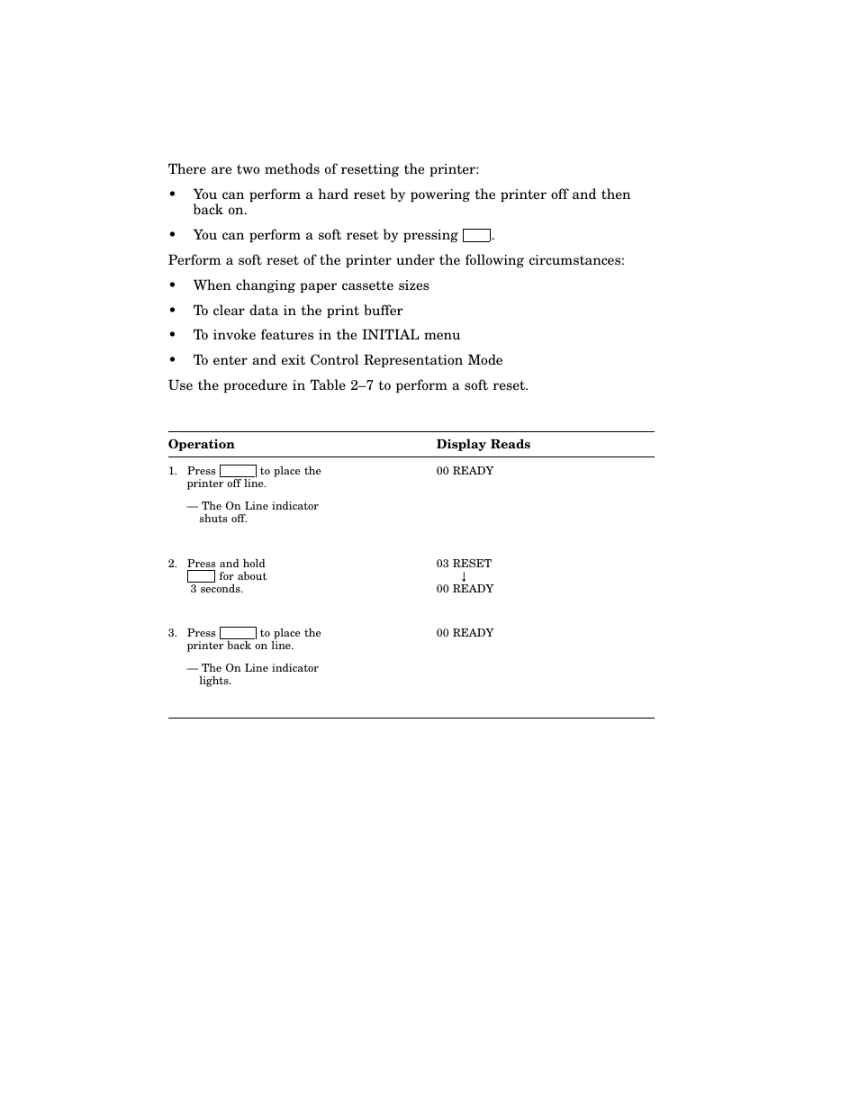 17 resetting the printer, Table 2–7: resetting the printer | HP 220240 User Manual | Page 77 / 255