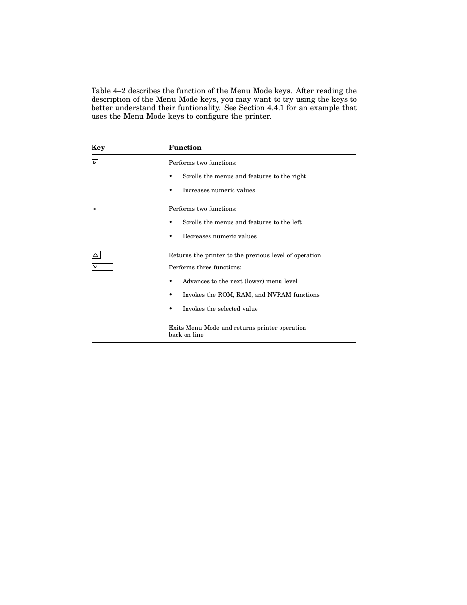 1 using the keypad in menu mode, Table 4–2: keypad functions: menu mode | HP 220240 User Manual | Page 88 / 255