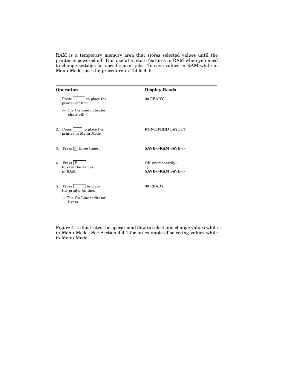 4 operational flow in menu mode, Table 4–5: saving values in ram | HP 220240 User Manual | Page 94 / 255