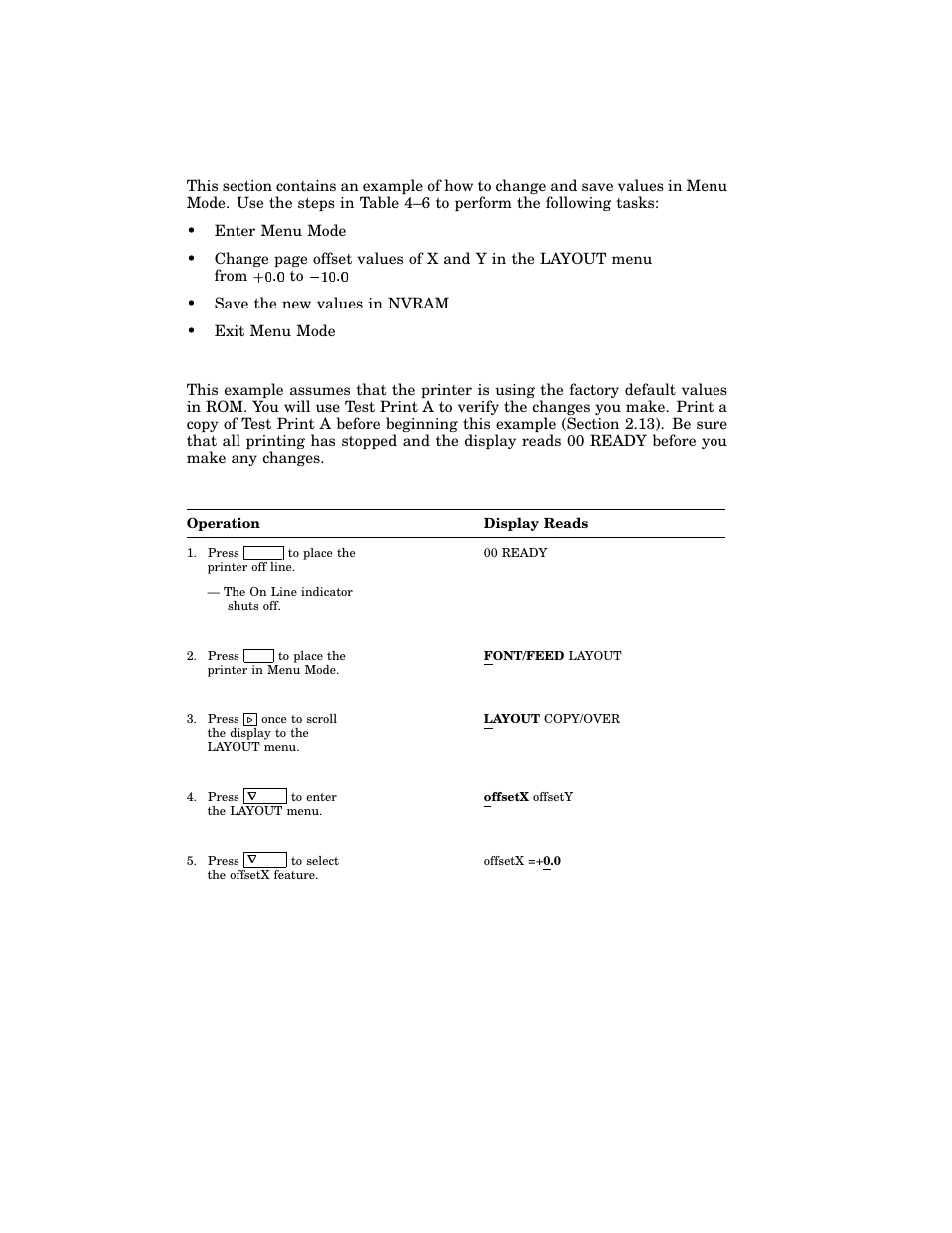 1 sample procedure for changing and saving values, Table 4–6: changing and saving values | HP 220240 User Manual | Page 96 / 255