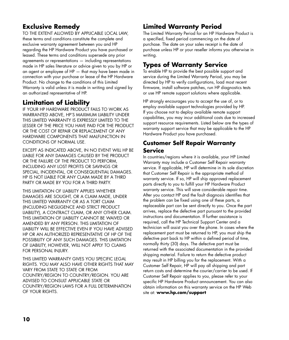 Exclusive remedy, Limitation of liability, Limited warranty period | Types of warranty service | HP 2000495 User Manual | Page 10 / 20