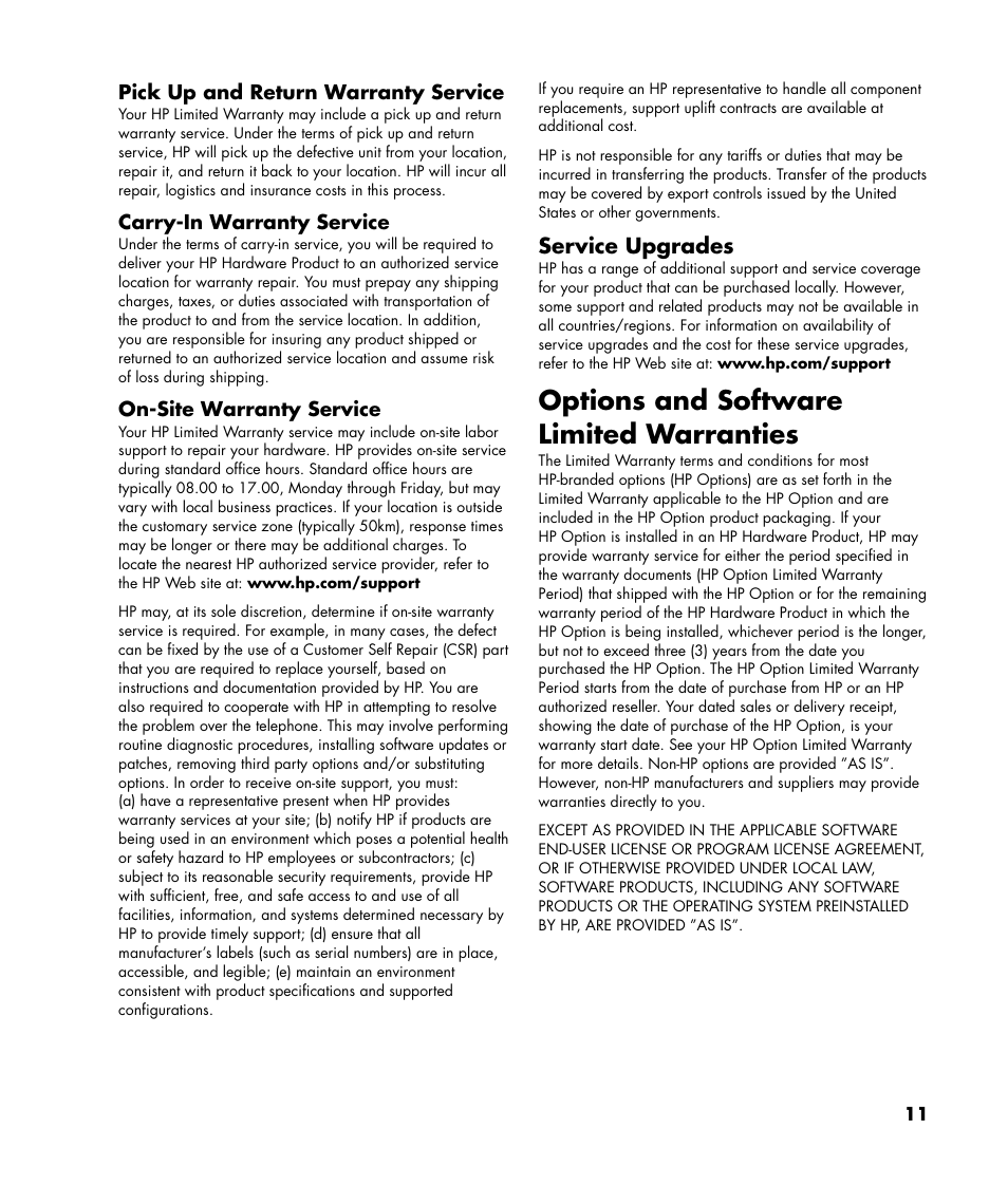 Options and software limited warranties, Service upgrades | HP 2000495 User Manual | Page 11 / 20