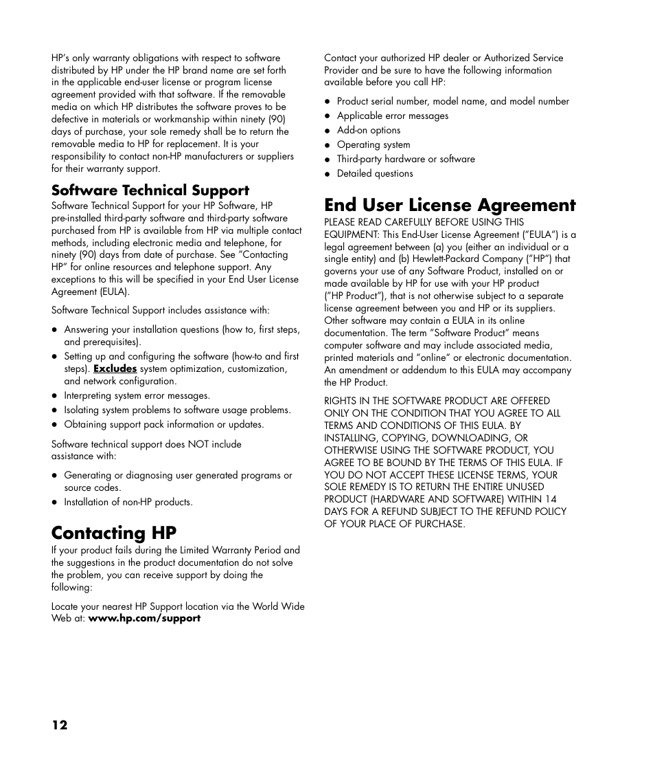 Contacting hp, End user license agreement, Software technical support | HP 2000495 User Manual | Page 12 / 20