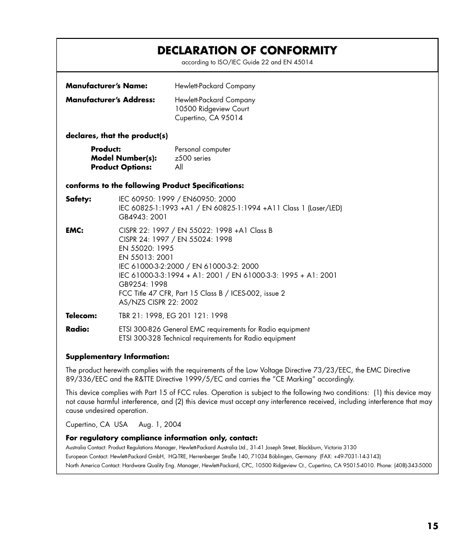 Declaration of conformity | HP 2000495 User Manual | Page 15 / 20